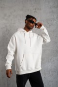 Erkek 3 İplik Pamuklu Kapüşonlu Cepli Düz Oversize Hoodie Sweatshirt - Beyaz