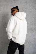 Erkek 3 İplik Pamuklu Kapüşonlu Cepli Düz Oversize Hoodie Sweatshirt - Beyaz