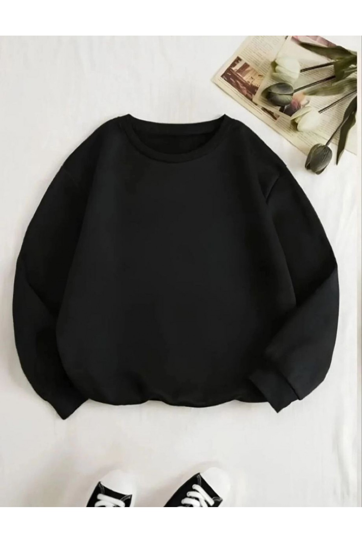 Kadın 3 İplik Pamuklu Bisikilet Yaka SweatShirt - Siyah
