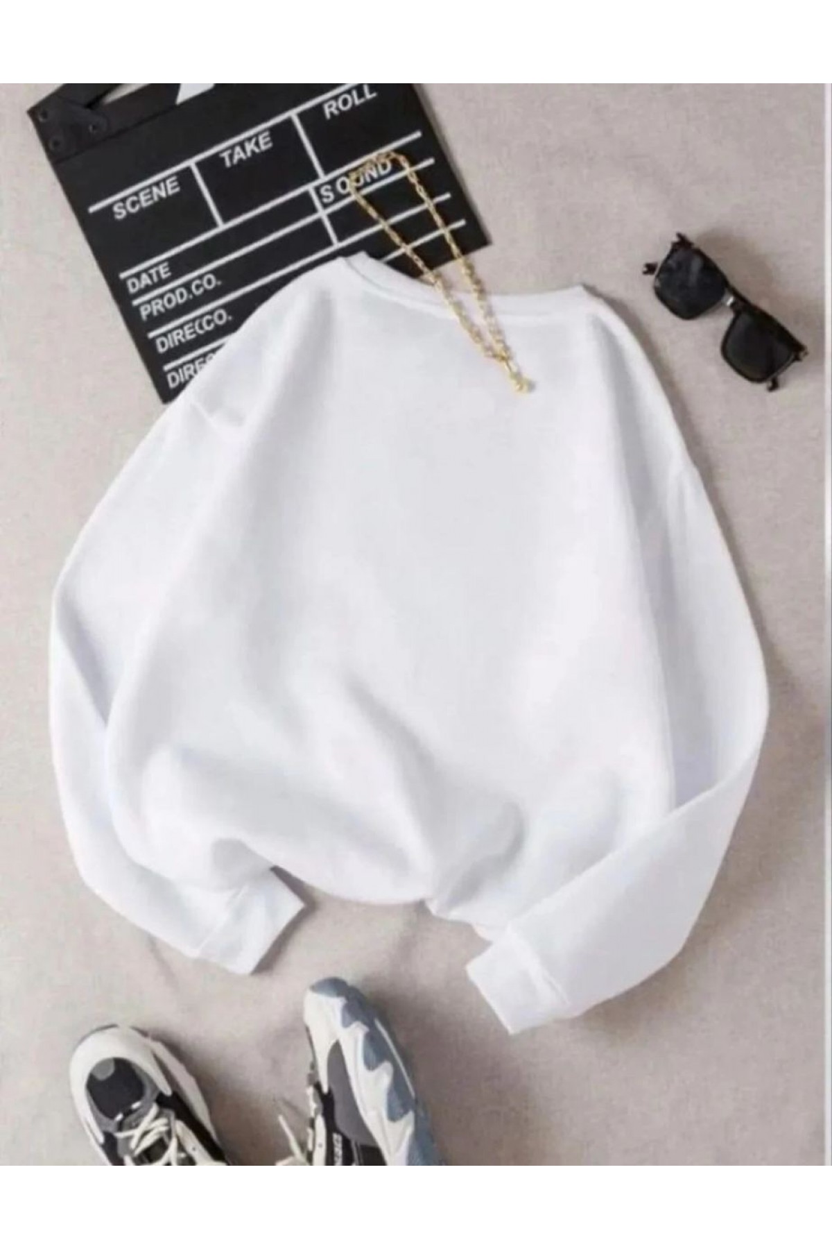 Kadın 3 İplik Pamuklu Bisikilet Yaka SweatShirt - Beyaz