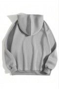 Kadın Kapüşonlu Kanguru Cepli 3 İplik Pamuklu Düz Hoodie Sweatshirt - Gri