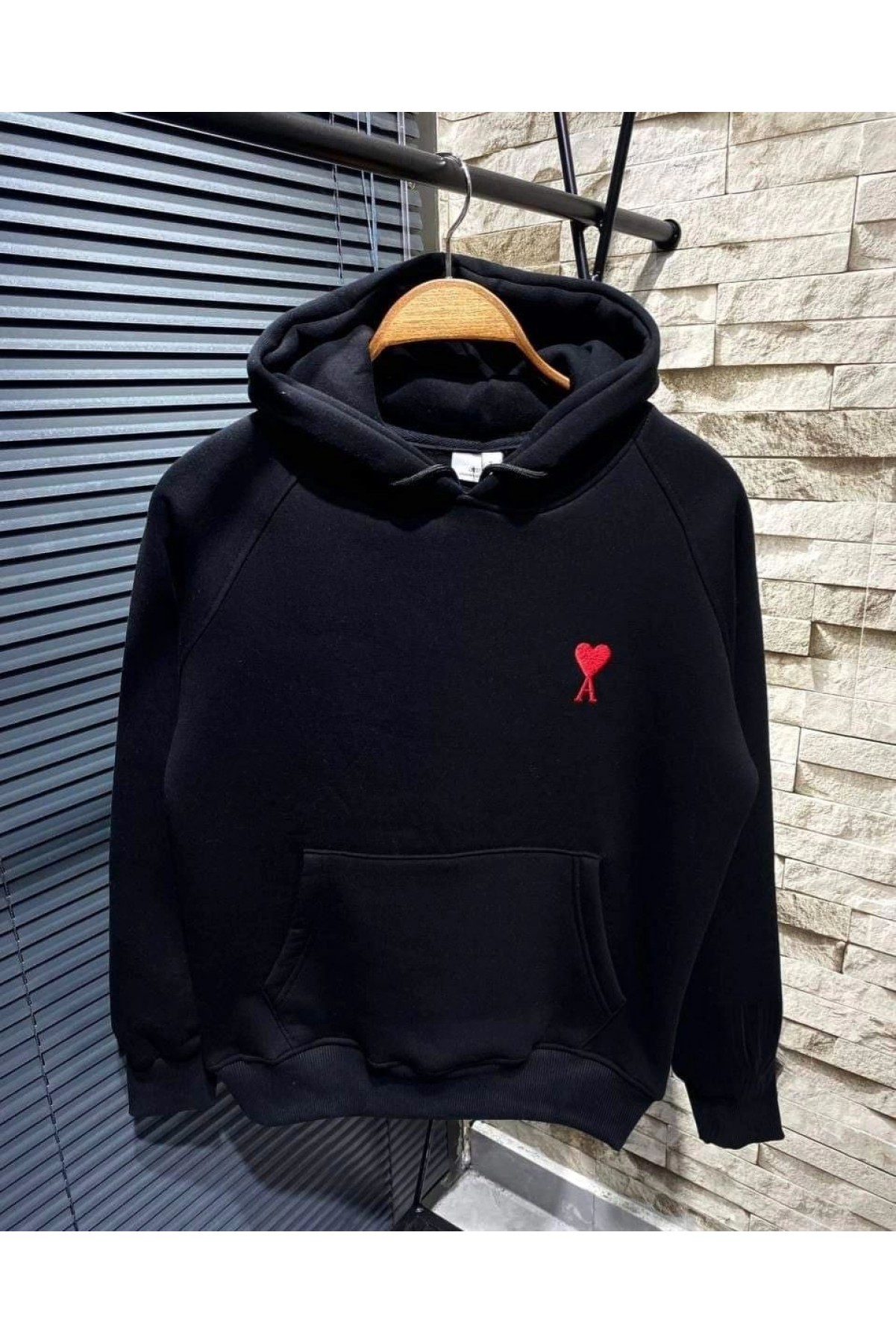 Kadın Oversize Kapüşonlu Cepli KALP Baskılı 3 İplik Pamuklu Hoodie Sweatshirt - Siyah