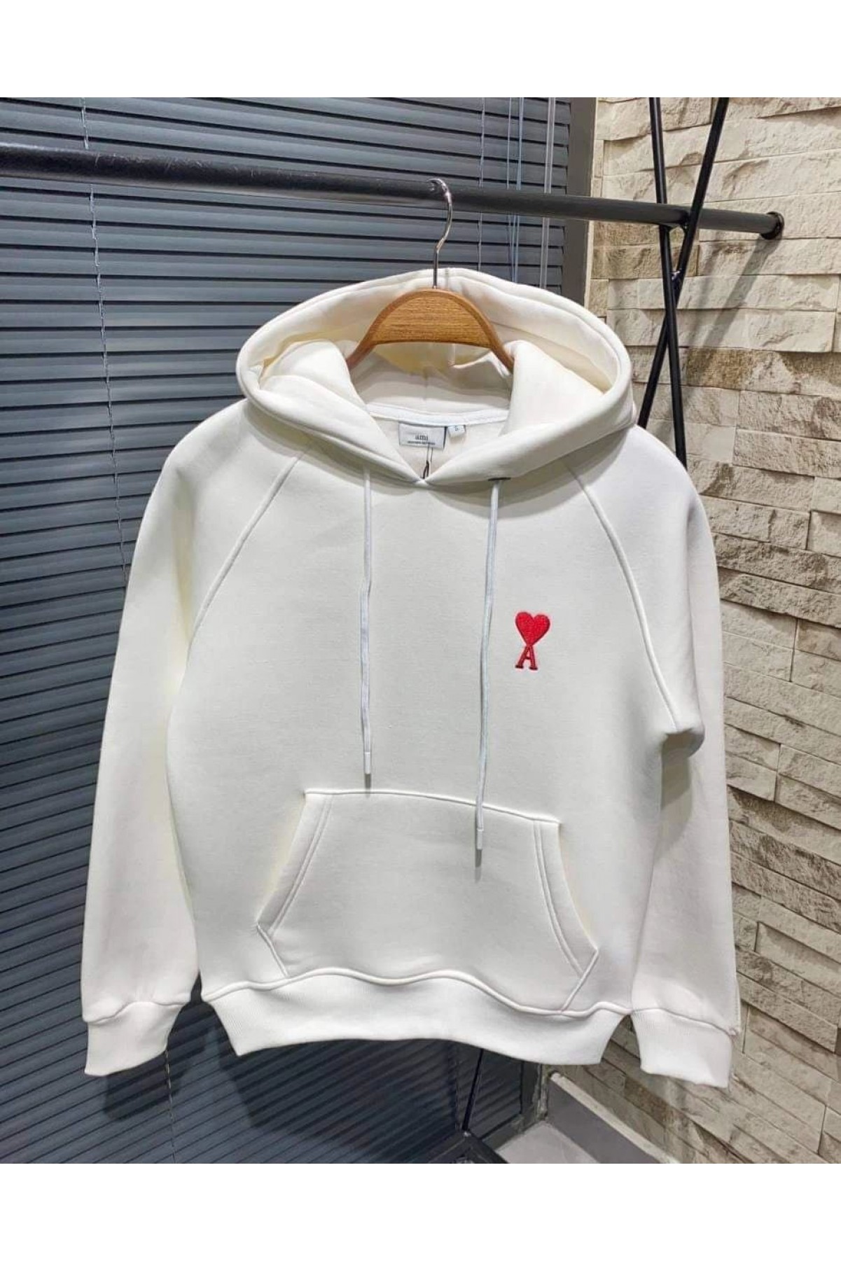 Kadın Oversize Kapüşonlu Cepli KALP Baskılı 3 İplik Pamuklu Hoodie Sweatshirt - Beyaz