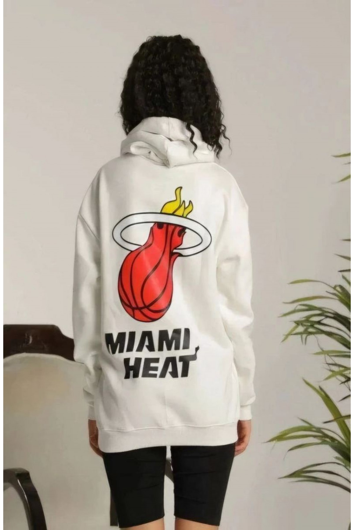 Kadın Oversize Kapüşonlu Cepli Baskılı 3 İplik Pamuklu Hoodie Sweatshirt - Beyaz