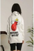 Kadın Oversize Kapüşonlu Cepli Baskılı 3 İplik Pamuklu Hoodie Sweatshirt - Beyaz