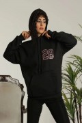Kadın Oversize Kapüşonlu Cepli Baskılı 3 İplik Pamuklu Hoodie Sweatshirt - Siyah