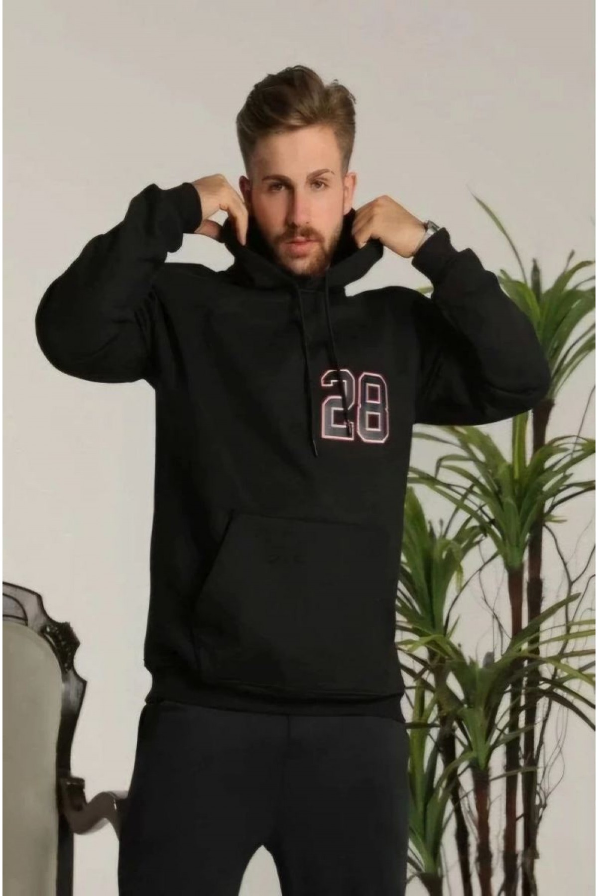 Erkek 3 İplik Pamuklu Kapüşonlu Baskılı Cepli Oversize Sweatshirt Hoodie - Siyah