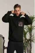 Erkek 3 İplik Pamuklu Kapüşonlu Baskılı Cepli Oversize Sweatshirt Hoodie - Siyah