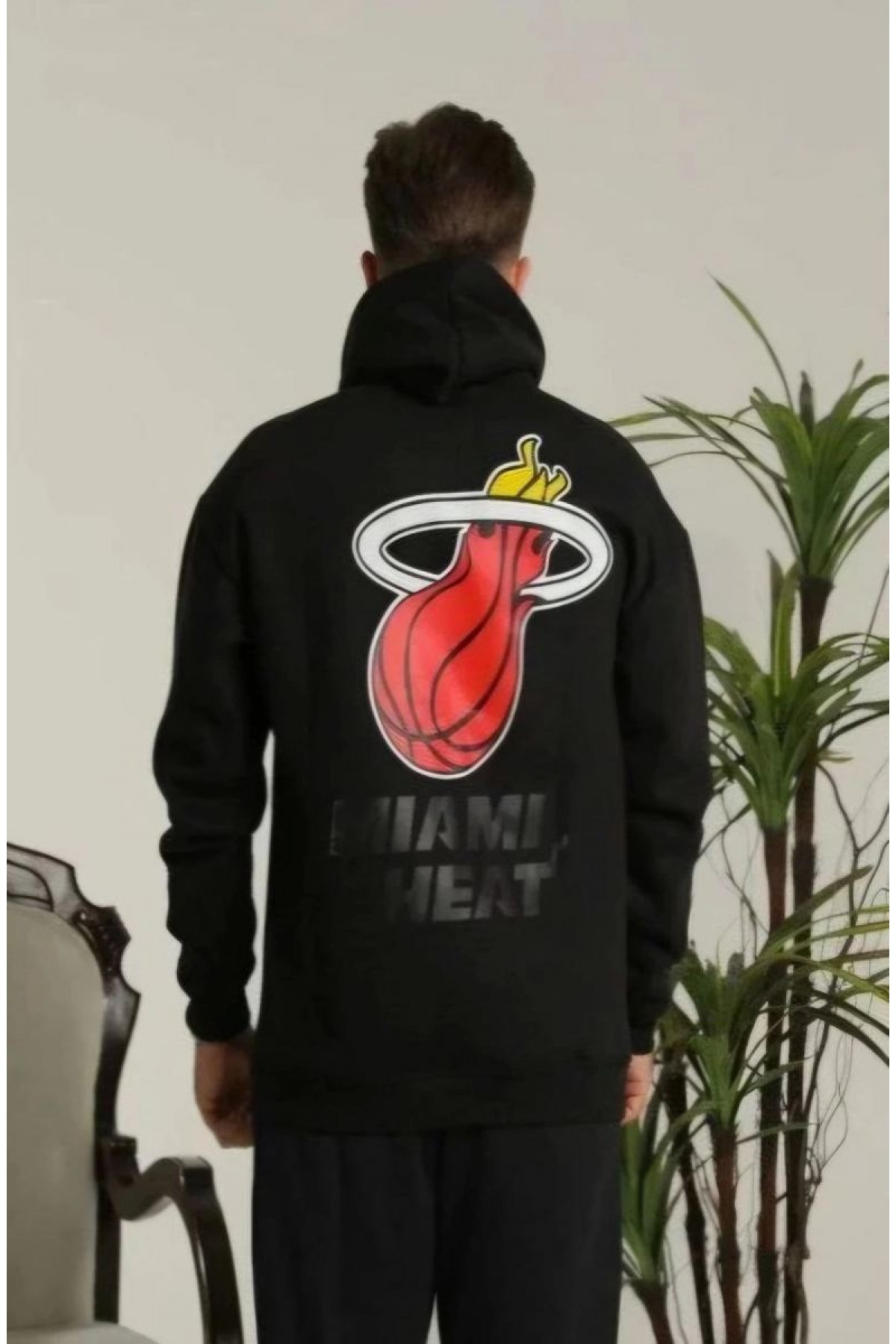Erkek 3 İplik Pamuklu Kapüşonlu Baskılı Cepli Oversize Sweatshirt Hoodie - Siyah