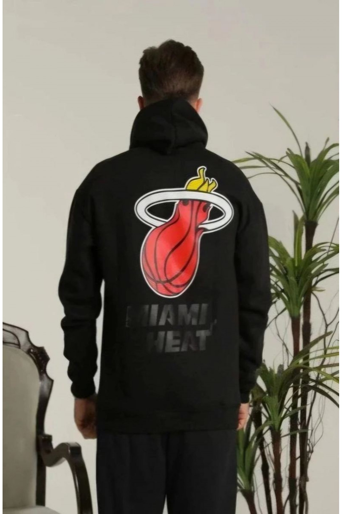 Erkek 3 İplik Pamuklu Kapüşonlu Baskılı Cepli Oversize Sweatshirt Hoodie - Siyah
