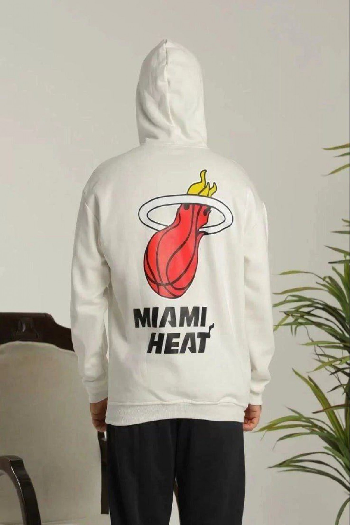Erkek 3 İplik Pamuklu Kapüşonlu Baskılı Cepli Oversize Sweatshirt Hoodie - Beyaz
