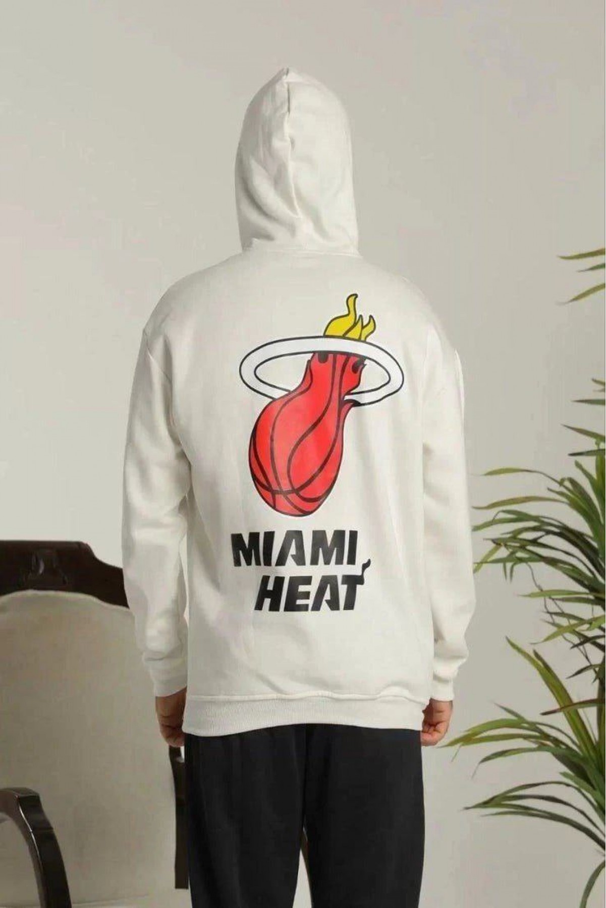 Erkek 3 İplik Pamuklu Kapüşonlu Baskılı Cepli Oversize Sweatshirt Hoodie - Beyaz