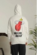 Erkek 3 İplik Pamuklu Kapüşonlu Baskılı Cepli Oversize Sweatshirt Hoodie - Beyaz