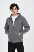 Erkek 3 İplik Pamuklu Kapüşonlu Tam Fermuarlı Cepli Hoodie Sweatshirt - Füme