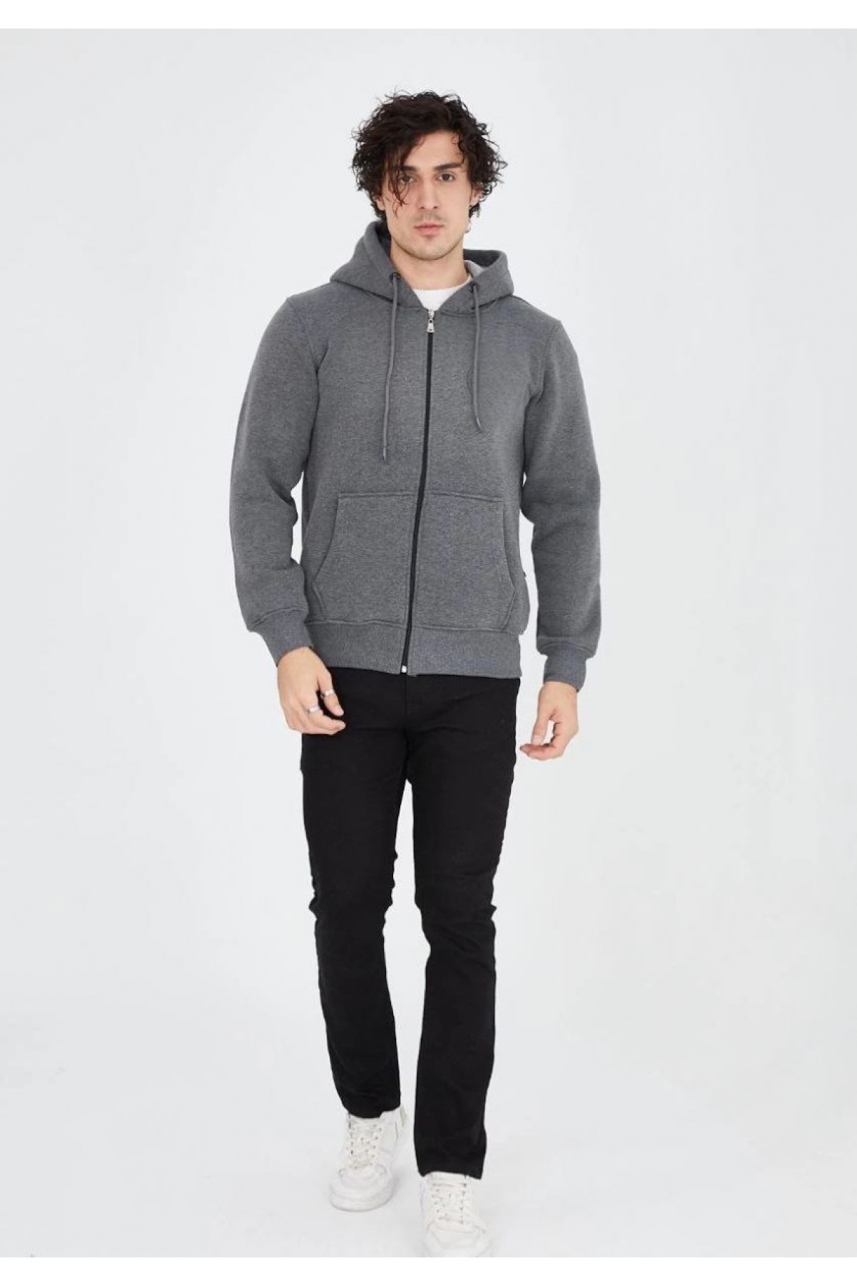 Erkek 3 İplik Pamuklu Kapüşonlu Tam Fermuarlı Cepli Hoodie Sweatshirt - Füme