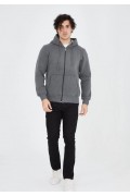 Erkek 3 İplik Pamuklu Kapüşonlu Tam Fermuarlı Cepli Hoodie Sweatshirt - Füme