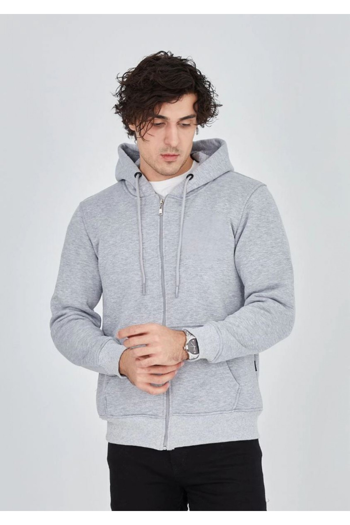 Erkek 3 İplik Pamuklu Kapüşonlu Tam Fermuarlı Cepli Hoodie Sweatshirt - Gri