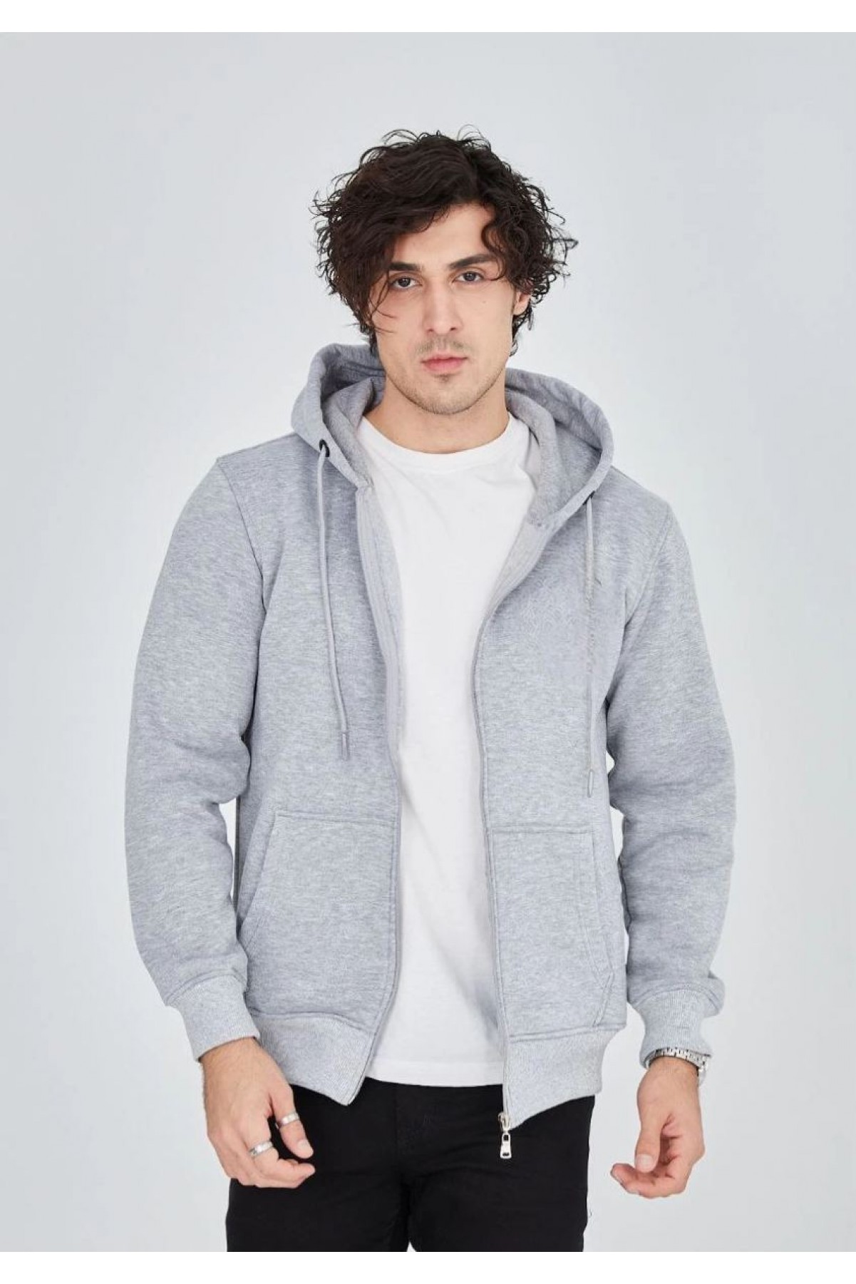 Erkek 3 İplik Pamuklu Kapüşonlu Tam Fermuarlı Cepli Hoodie Sweatshirt - Gri