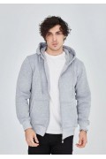 Erkek 3 İplik Pamuklu Kapüşonlu Tam Fermuarlı Cepli Hoodie Sweatshirt - Gri