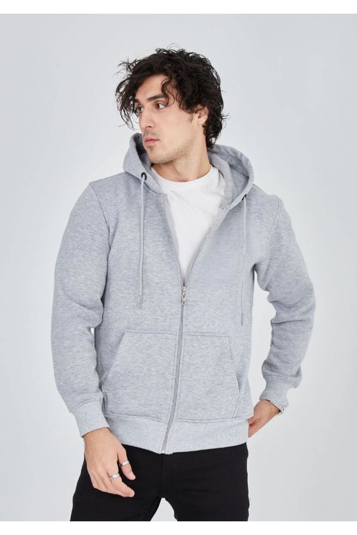 Erkek 3 İplik Pamuklu Kapüşonlu Tam Fermuarlı Cepli Hoodie Sweatshirt - Gri