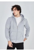 Erkek 3 İplik Pamuklu Kapüşonlu Tam Fermuarlı Cepli Hoodie Sweatshirt - Gri