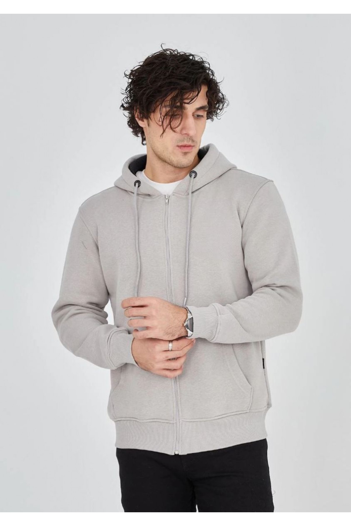 Erkek 3 İplik Pamuklu Kapüşonlu Tam Fermuarlı Cepli Hoodie Sweatshirt - Boyalı Gri