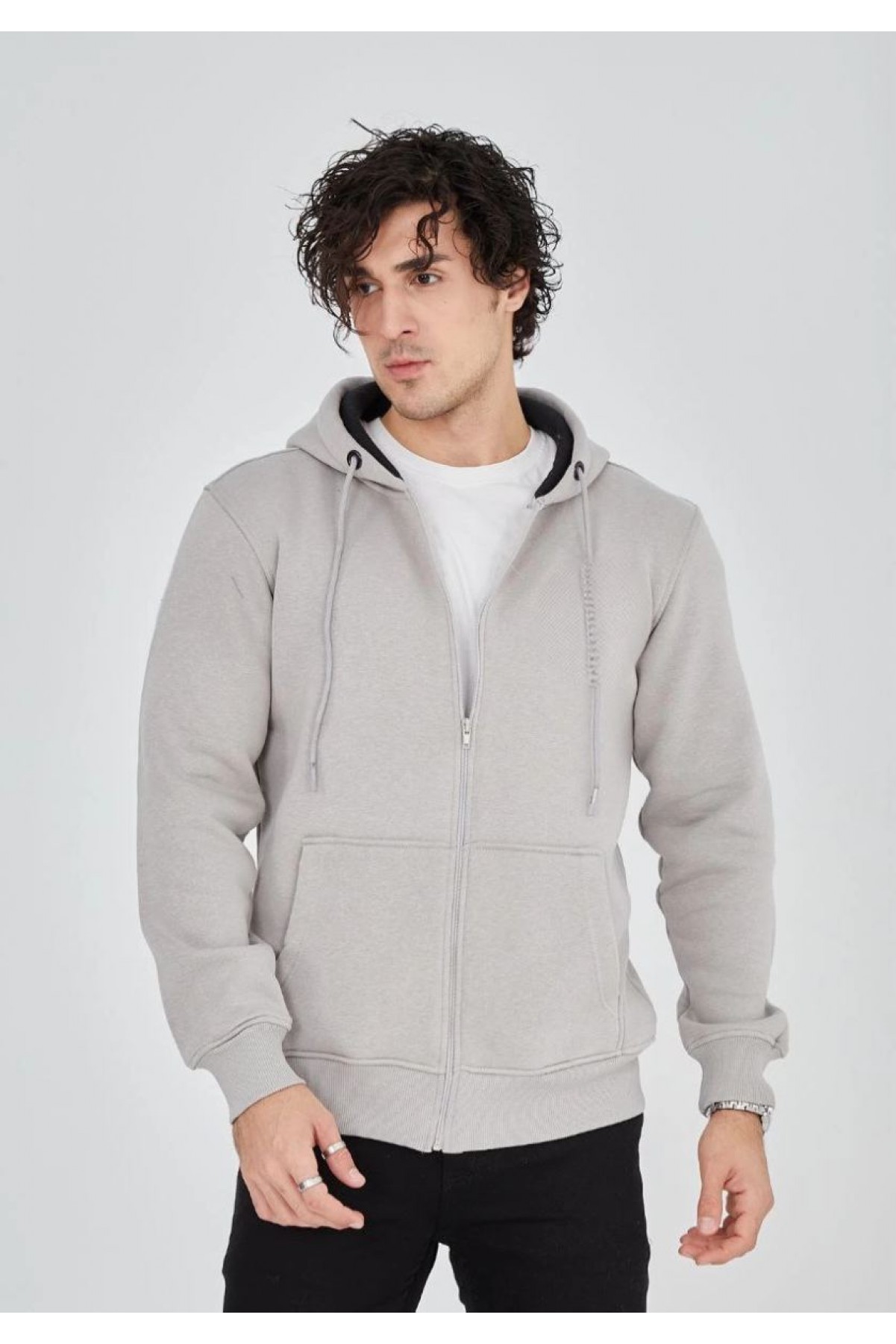 Erkek 3 İplik Pamuklu Kapüşonlu Tam Fermuarlı Cepli Hoodie Sweatshirt - Boyalı Gri
