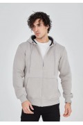 Erkek 3 İplik Pamuklu Kapüşonlu Tam Fermuarlı Cepli Hoodie Sweatshirt - Boyalı Gri