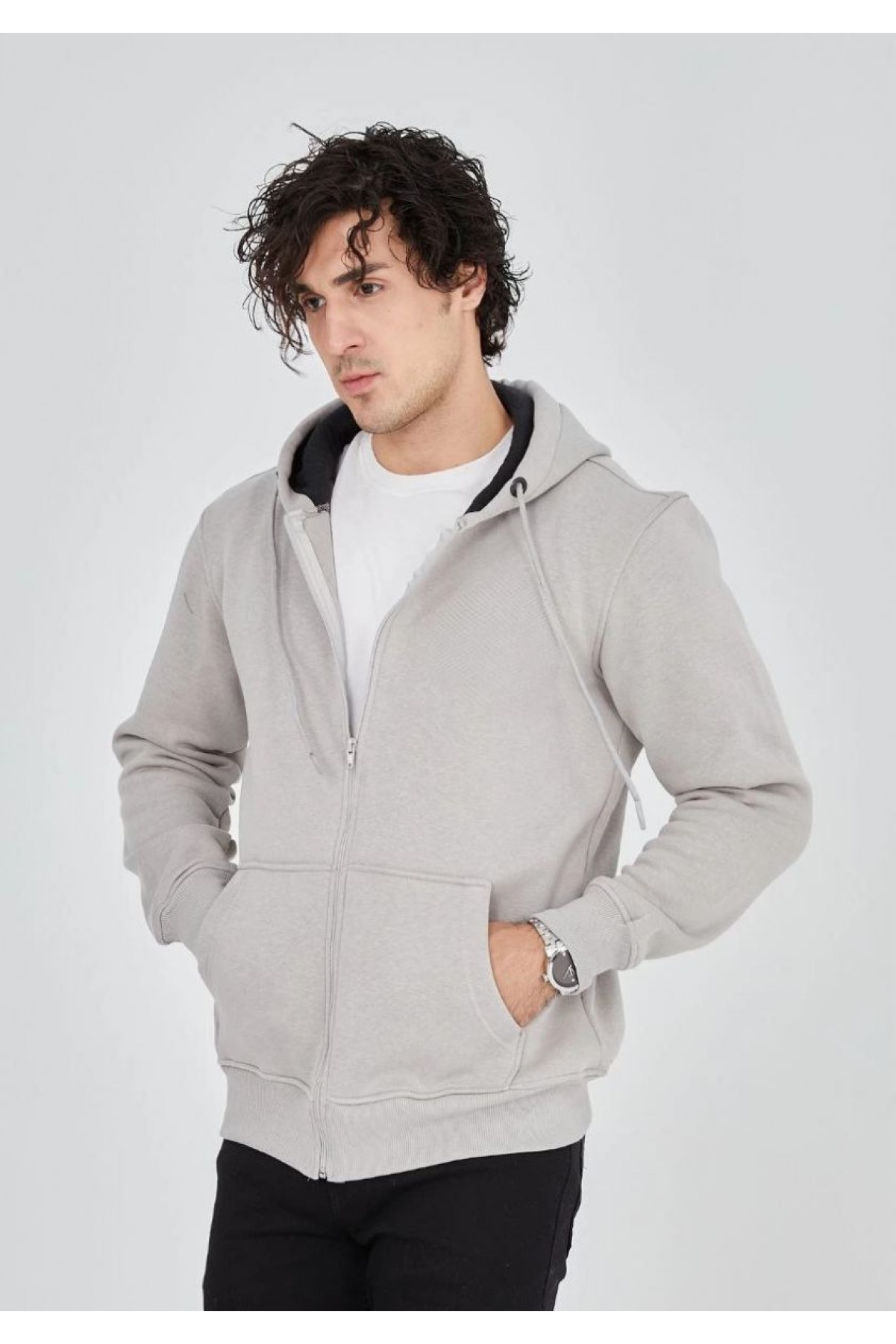 Erkek 3 İplik Pamuklu Kapüşonlu Tam Fermuarlı Cepli Hoodie Sweatshirt - Boyalı Gri