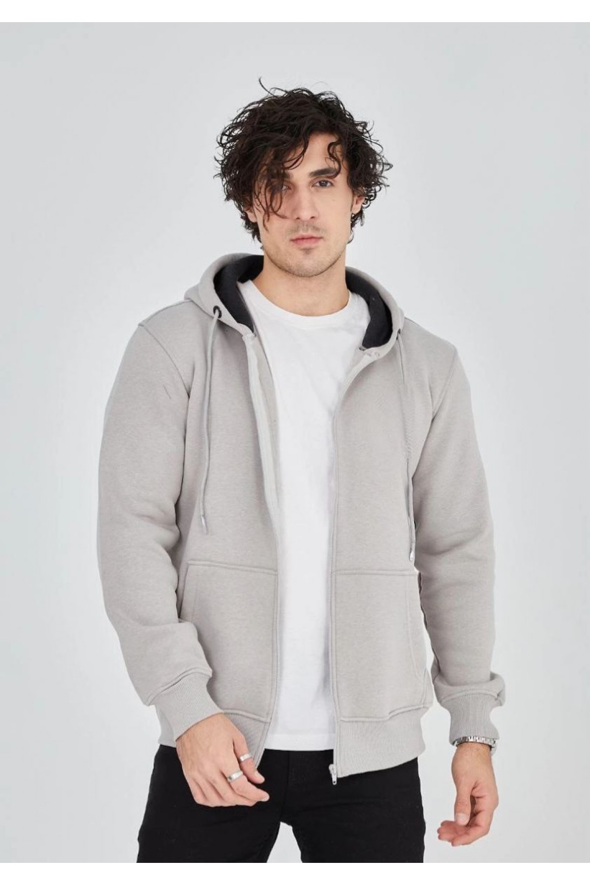 Erkek 3 İplik Pamuklu Kapüşonlu Tam Fermuarlı Cepli Hoodie Sweatshirt - Boyalı Gri
