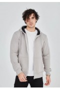 Erkek 3 İplik Pamuklu Kapüşonlu Tam Fermuarlı Cepli Hoodie Sweatshirt - Boyalı Gri