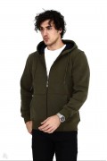 Erkek 3 İplik Pamuklu Kapüşonlu Tam Fermuarlı Cepli Hoodie Sweatshirt - Haki
