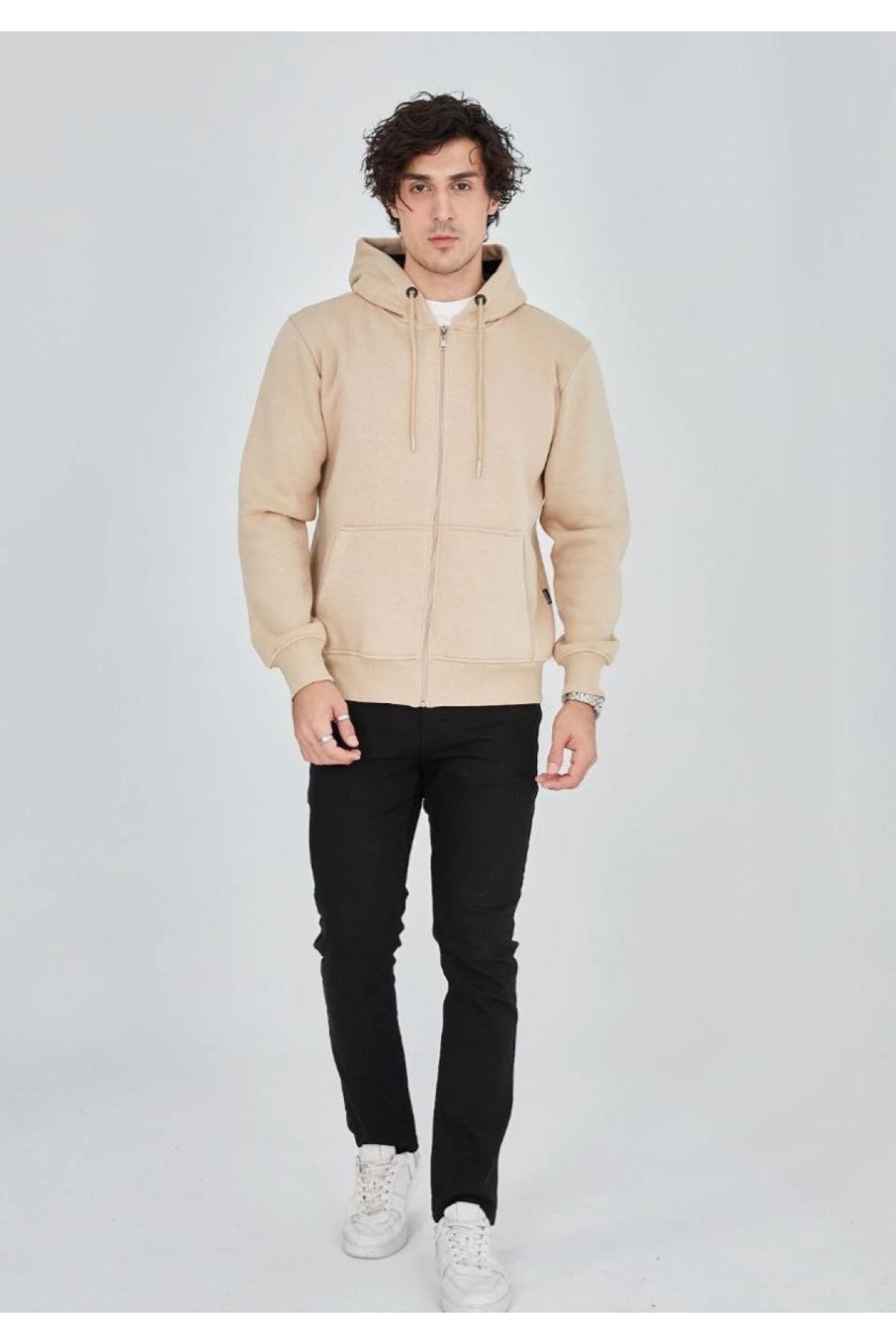 Erkek 3 İplik Pamuklu Kapüşonlu Tam Fermuarlı Cepli Hoodie Sweatshirt - Bej