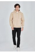 Erkek 3 İplik Pamuklu Kapüşonlu Tam Fermuarlı Cepli Hoodie Sweatshirt - Bej