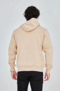 Erkek 3 İplik Pamuklu Kapüşonlu Tam Fermuarlı Cepli Hoodie Sweatshirt - Bej