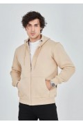Erkek 3 İplik Pamuklu Kapüşonlu Tam Fermuarlı Cepli Hoodie Sweatshirt - Bej