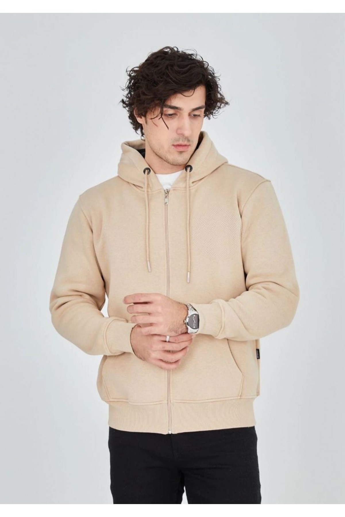 Erkek 3 İplik Pamuklu Kapüşonlu Tam Fermuarlı Cepli Hoodie Sweatshirt - Bej