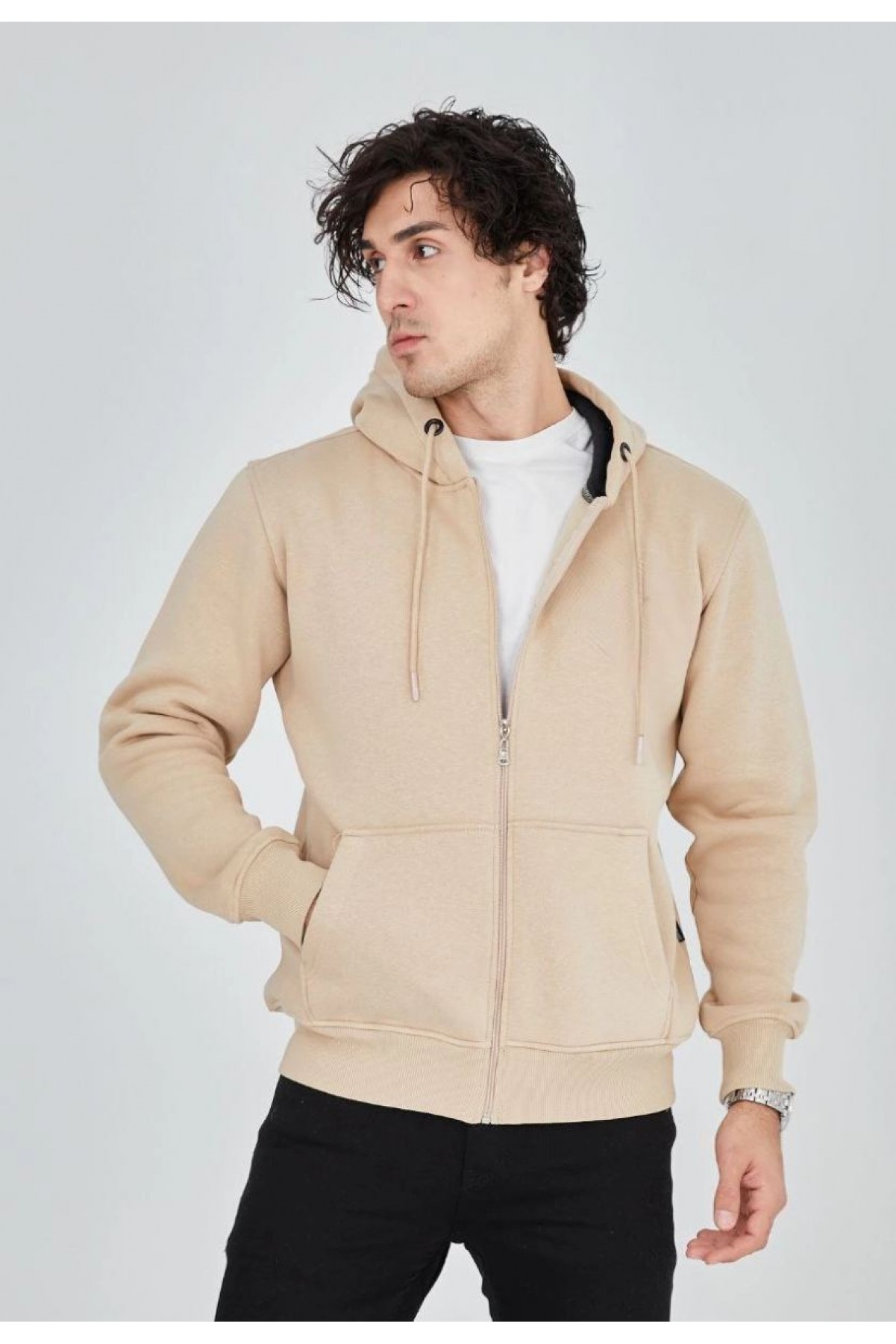 Erkek 3 İplik Pamuklu Kapüşonlu Tam Fermuarlı Cepli Hoodie Sweatshirt - Bej