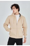 Erkek 3 İplik Pamuklu Kapüşonlu Tam Fermuarlı Cepli Hoodie Sweatshirt - Bej