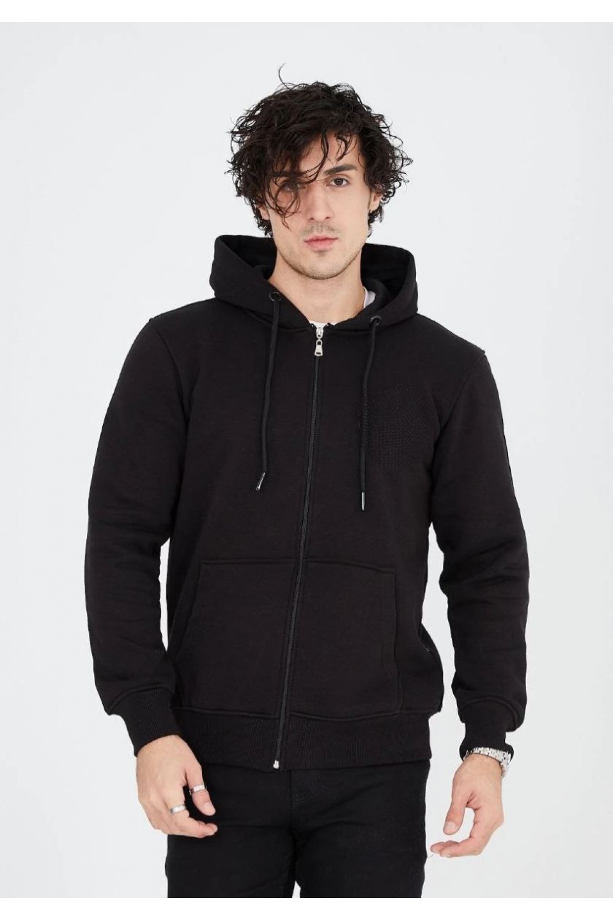 Erkek 3 İplik Pamuklu Kapüşonlu Tam Fermuarlı Cepli Hoodie Sweatshirt - Siyah
