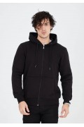 Erkek 3 İplik Pamuklu Kapüşonlu Tam Fermuarlı Cepli Hoodie Sweatshirt - Siyah