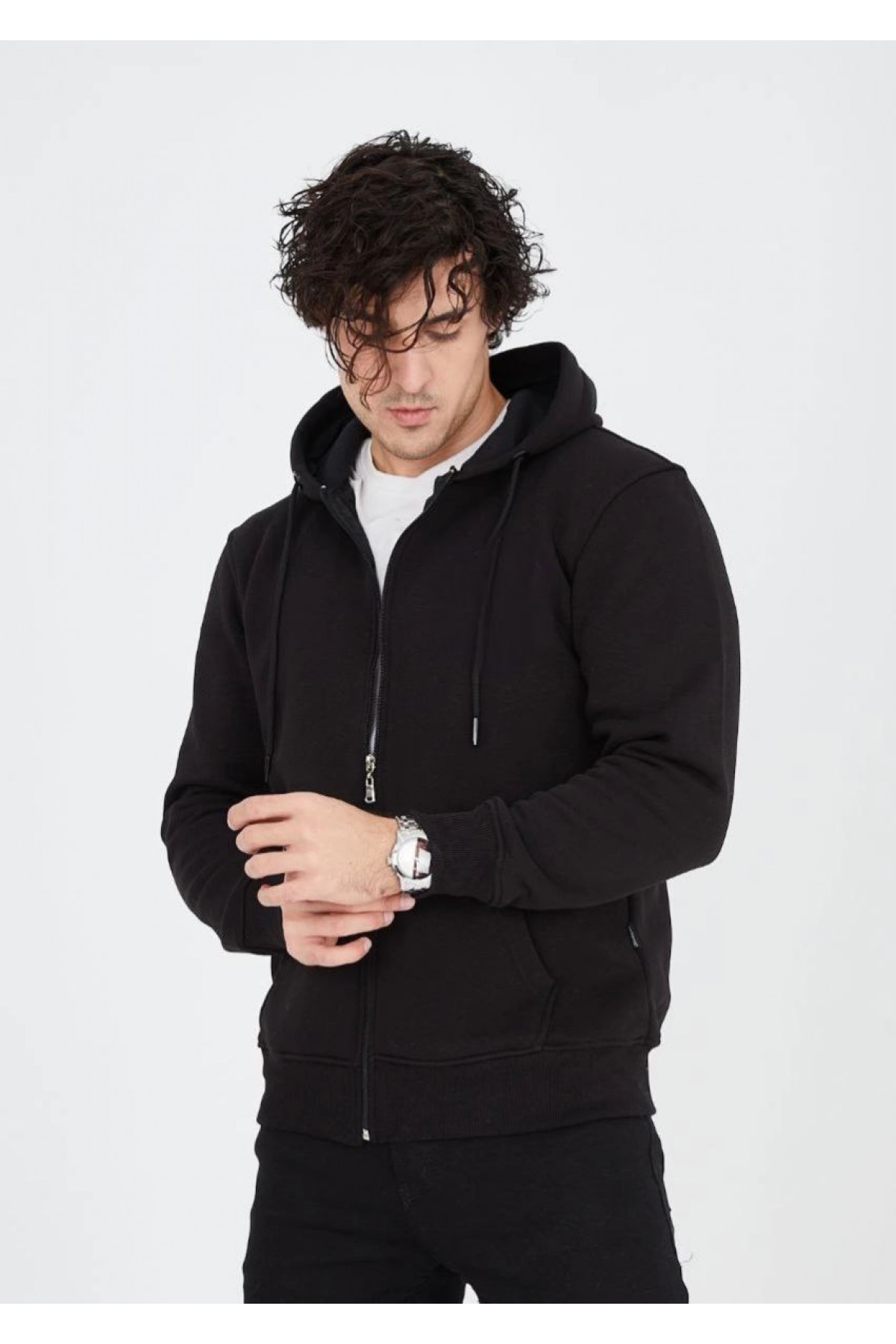 Erkek 3 İplik Pamuklu Kapüşonlu Tam Fermuarlı Cepli Hoodie Sweatshirt - Siyah