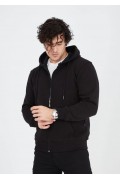 Erkek 3 İplik Pamuklu Kapüşonlu Tam Fermuarlı Cepli Hoodie Sweatshirt - Siyah