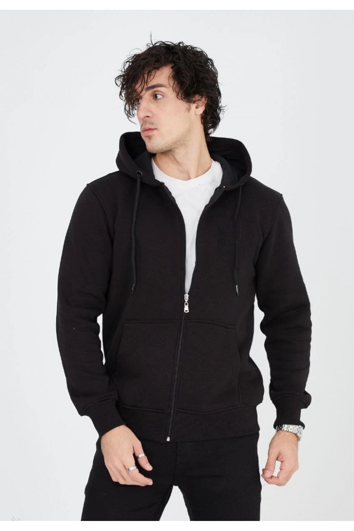 Erkek 3 İplik Pamuklu Kapüşonlu Tam Fermuarlı Cepli Hoodie Sweatshirt - Siyah