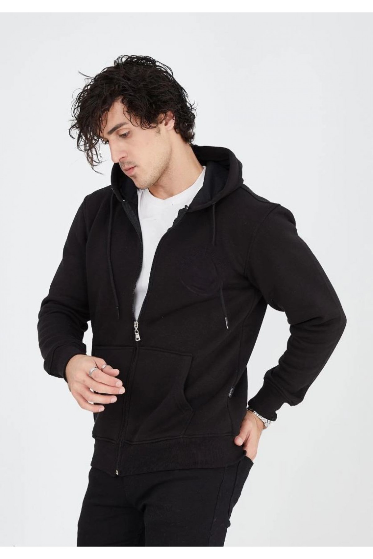 Erkek 3 İplik Pamuklu Kapüşonlu Tam Fermuarlı Cepli Hoodie Sweatshirt - Siyah