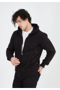 Erkek 3 İplik Pamuklu Kapüşonlu Tam Fermuarlı Cepli Hoodie Sweatshirt - Siyah