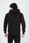 Erkek 3 İplik Pamuklu Kapüşonlu Tam Fermuarlı Cepli Hoodie Sweatshirt - Siyah