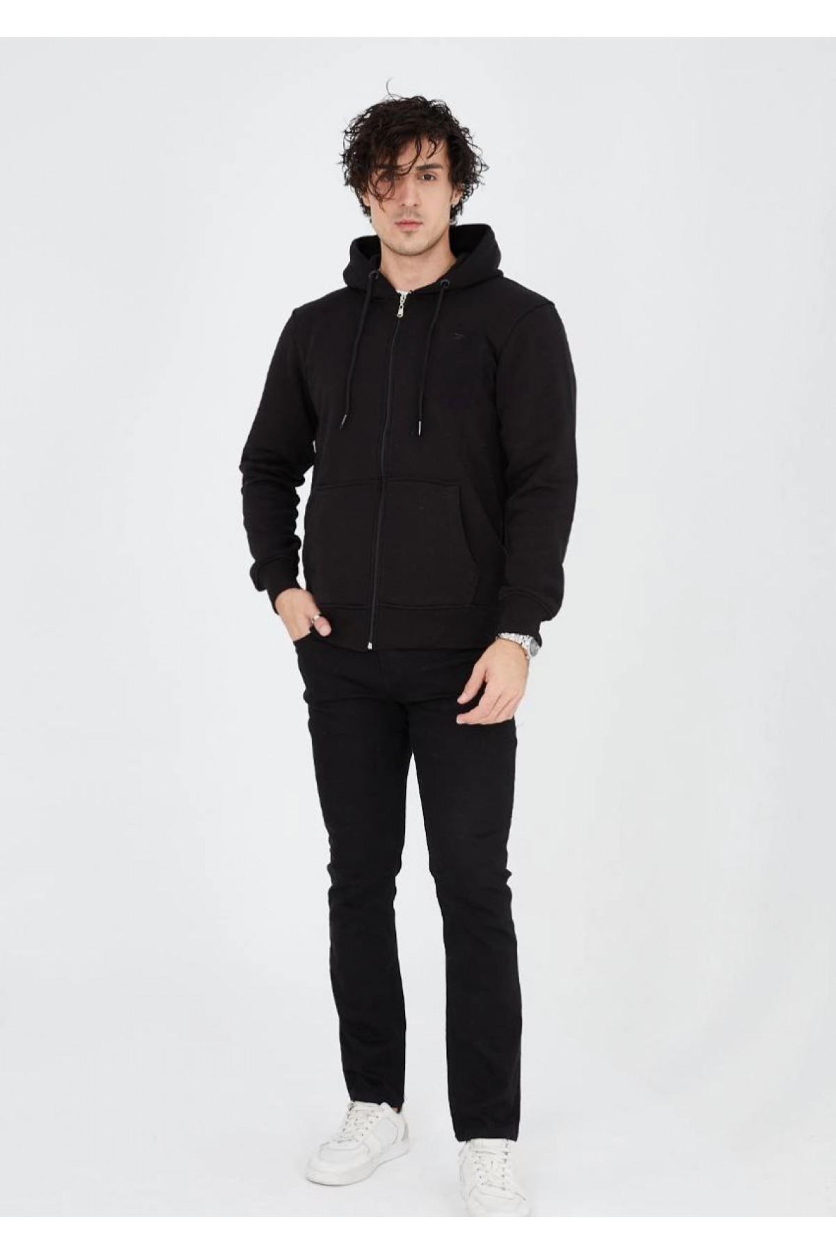 Erkek 3 İplik Pamuklu Kapüşonlu Tam Fermuarlı Cepli Hoodie Sweatshirt - Siyah