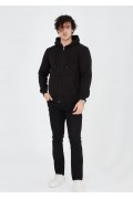 Erkek 3 İplik Pamuklu Kapüşonlu Tam Fermuarlı Cepli Hoodie Sweatshirt - Siyah