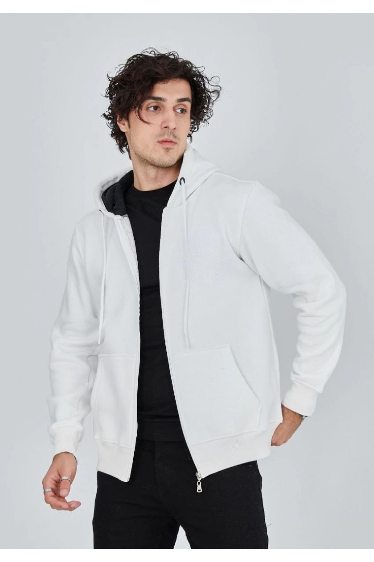 Erkek 3 İplik Pamuklu Kapüşonlu Tam Fermuarlı Cepli Hoodie Sweatshirt - Beyaz